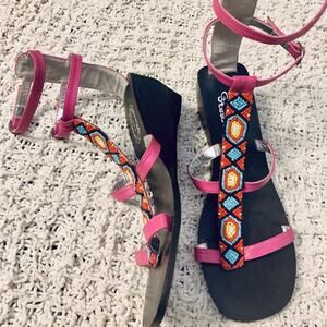 NEW PINK LEATHER BEADED LEATHER GLADIATOR WEDGE SANDALS 7.5